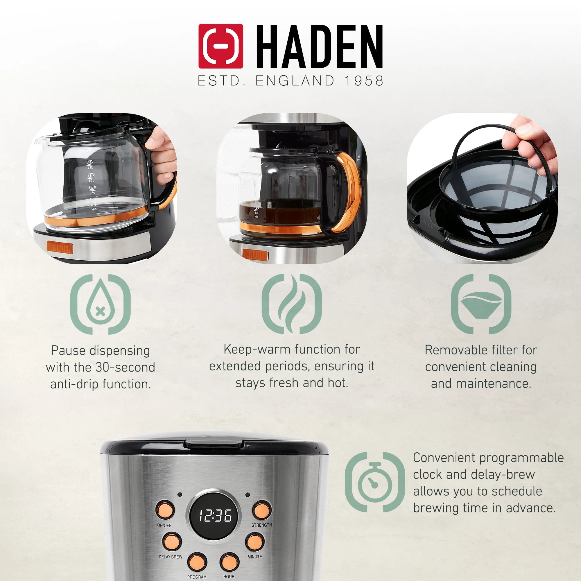 Haden Coffee Maker & Heritage 1.7 Liter Electric Kettle, Black & Chrome