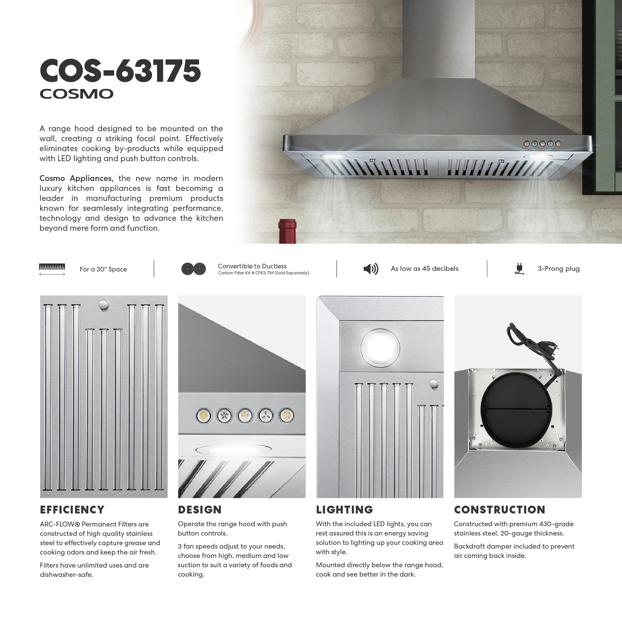 Cosmo 30 in. Ducted Range Hood in Stainless Steel with Touch Controls, LED Lighting and Permanent Filters