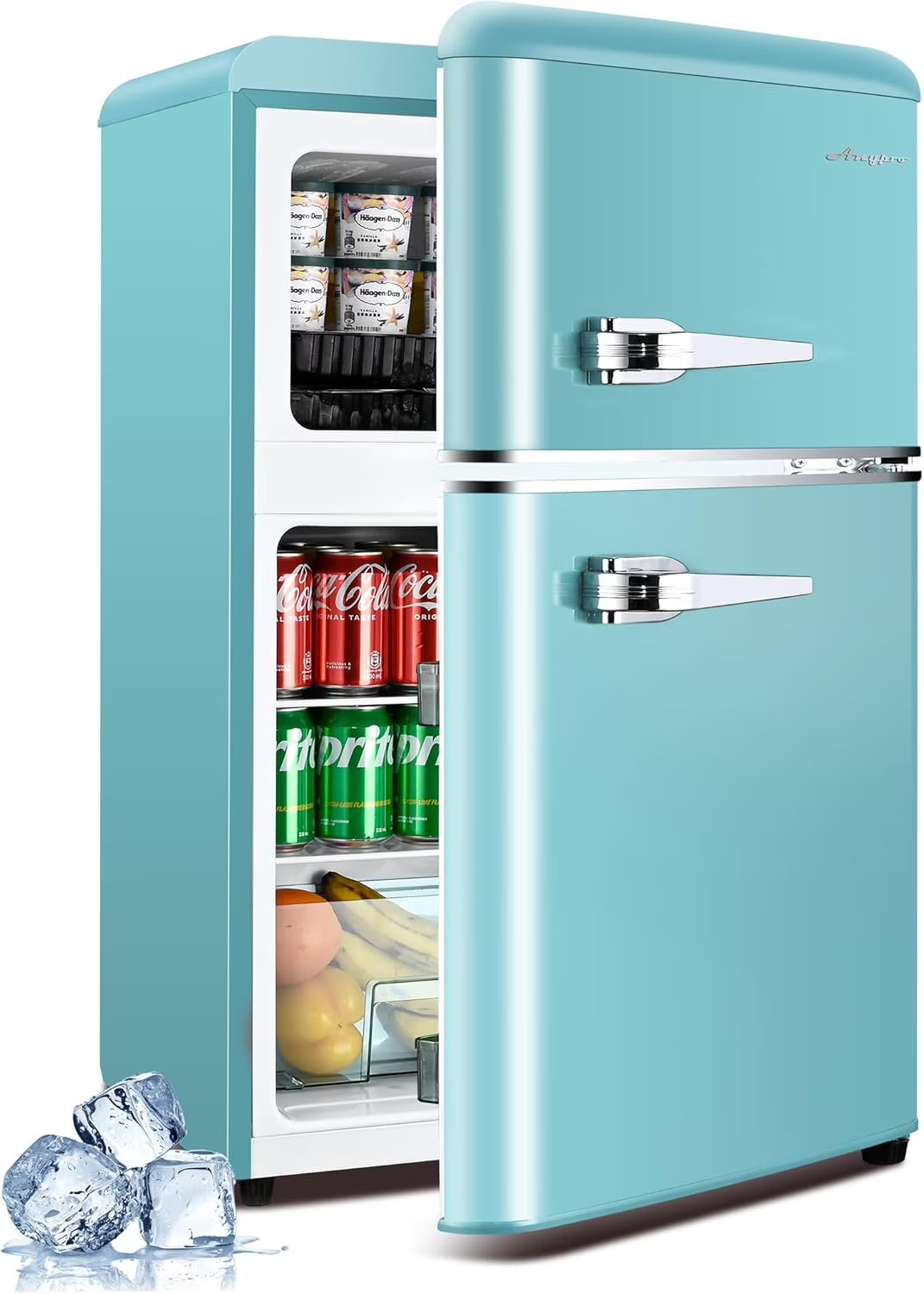 KRIB BLING 3.2 Cubic Feet Double Door Mini Fridge with Freezer, Mini Compact Refrigerator 2 Doors for Dorm, Office, Apartment, RV, Bedroom, Black