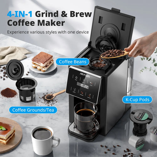 AIRMSEN 4 in 1 Single Serve Coffee Maker with Grinder, K Cup Coffee Machine Compatible with Grounds and Beans, Instant Coffee Pot with 5 Grind Levels & 6-14oz Cup Sizes, BPA-Free