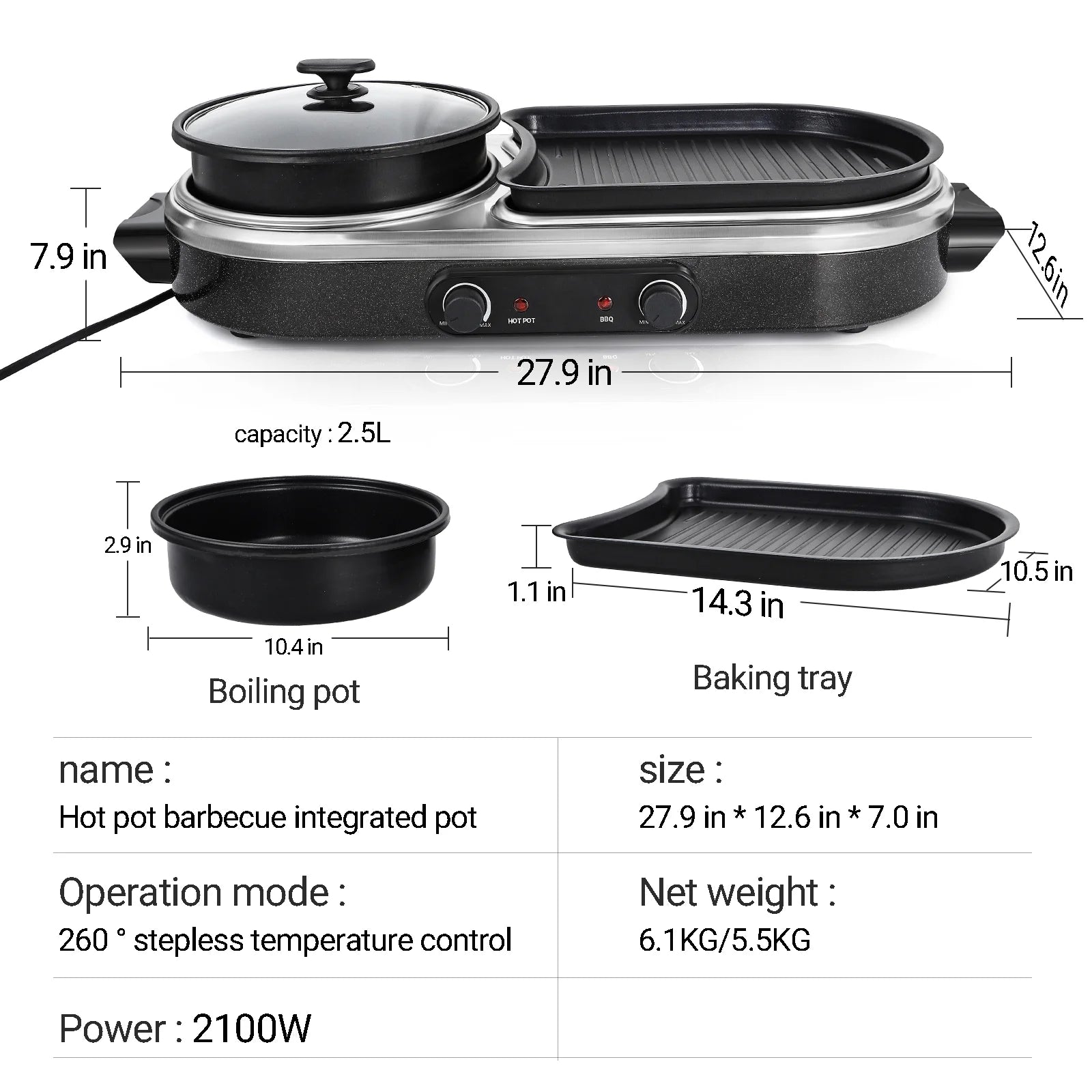 ZXMT 2 in 1 Electric Hot Pot with Grill Combo 2100W Indoor Griddle Dual Temperature Control Non-Stick Korean BBQ Shabu Pan