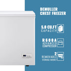 DEMULLER Chest Freezer 5.0 Cu. ft Removable Stainless Steel Basket Mini Freezer White YX-110