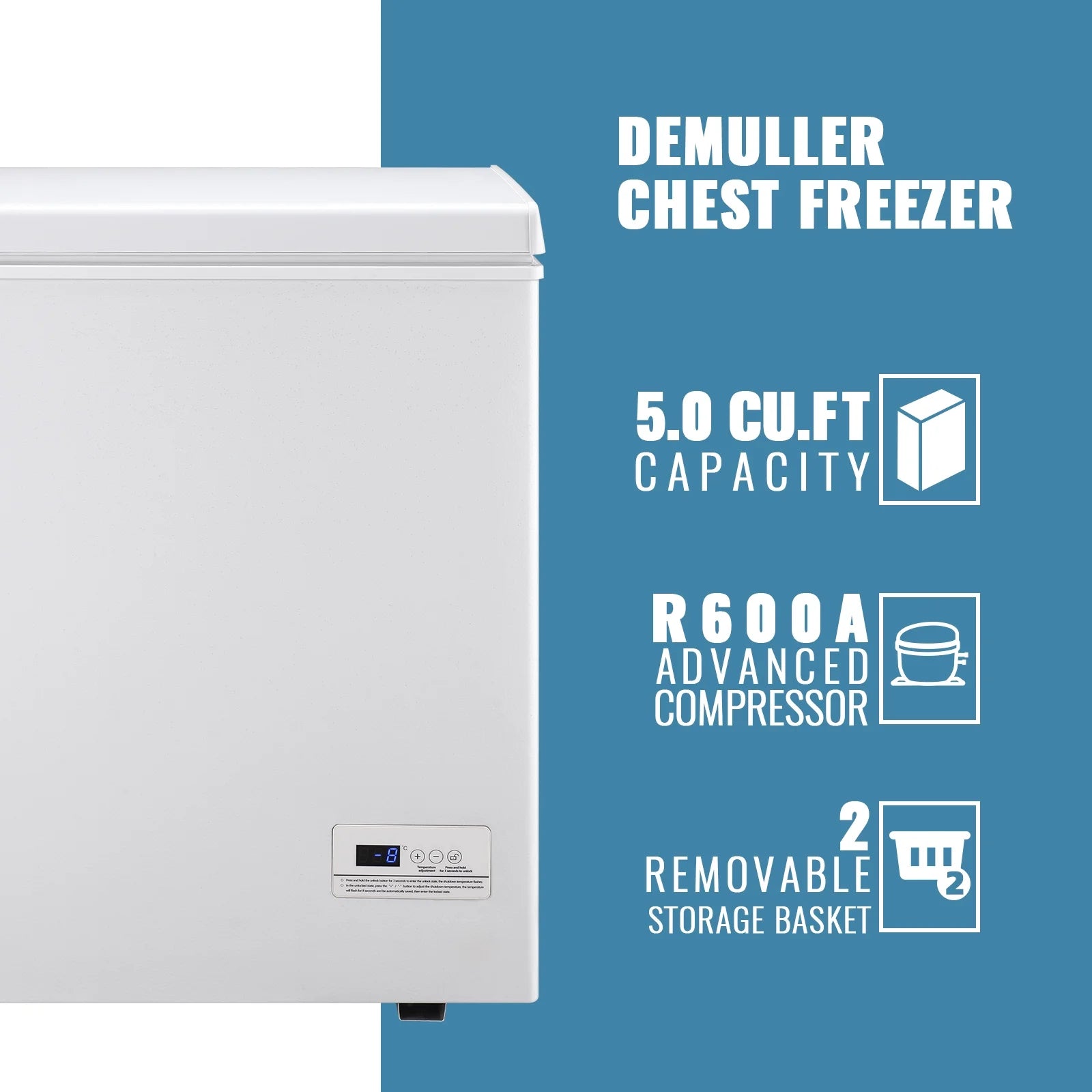 DEMULLER Chest Freezer 5.0 Cu. ft Removable Stainless Steel Basket Mini Freezer White YX-110