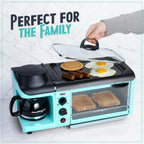 3-in-1 Breakfast Station - Includes Coffee Maker, Non-Stick Griddle, and 4-Slice Toaster Oven - Versatile Breakfast Maker with Timer - Aqua