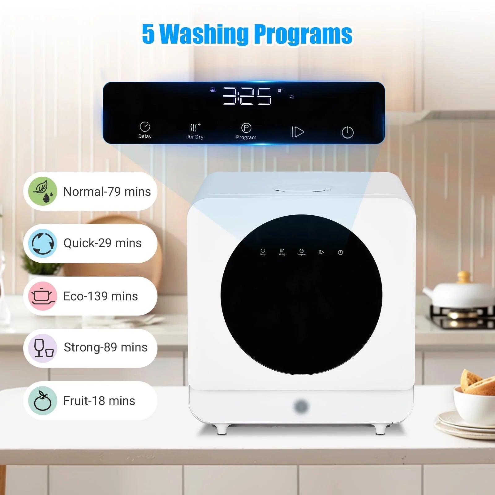 Portable Countertop Dishwashers, Compact Dishwashers with Air-Dry Function for Small Apartments, 5 Washing Programs