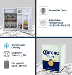 Corona Mini Beer Fridge with Freezer, 2.4 Cu. Ft, 70L Capacity White & Blue Compact Beverage Cooler
