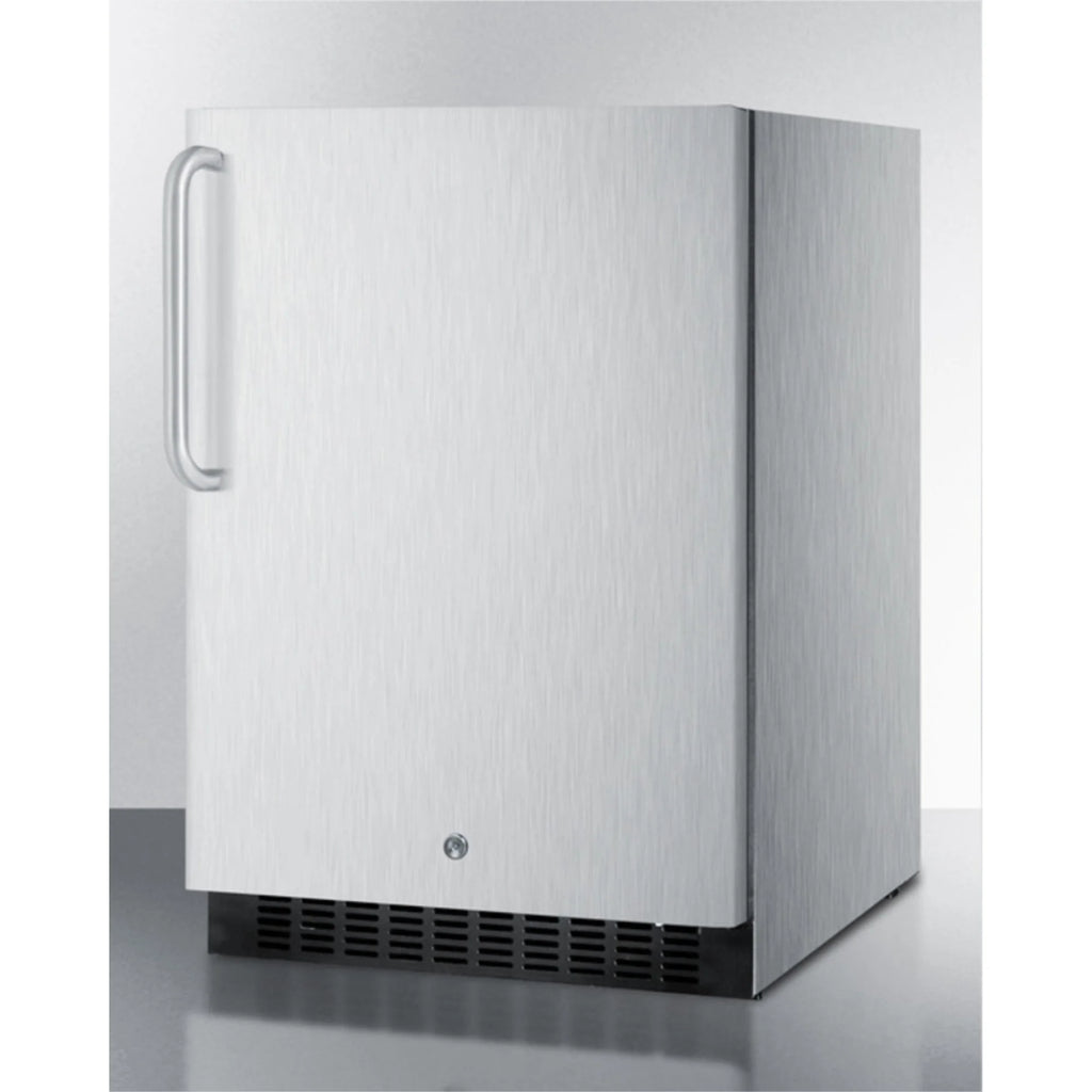 Outdoor all-refrigerator for built-in use, with lock, digital thermostat, towel bar handle, and stainless steel wrapped exterior