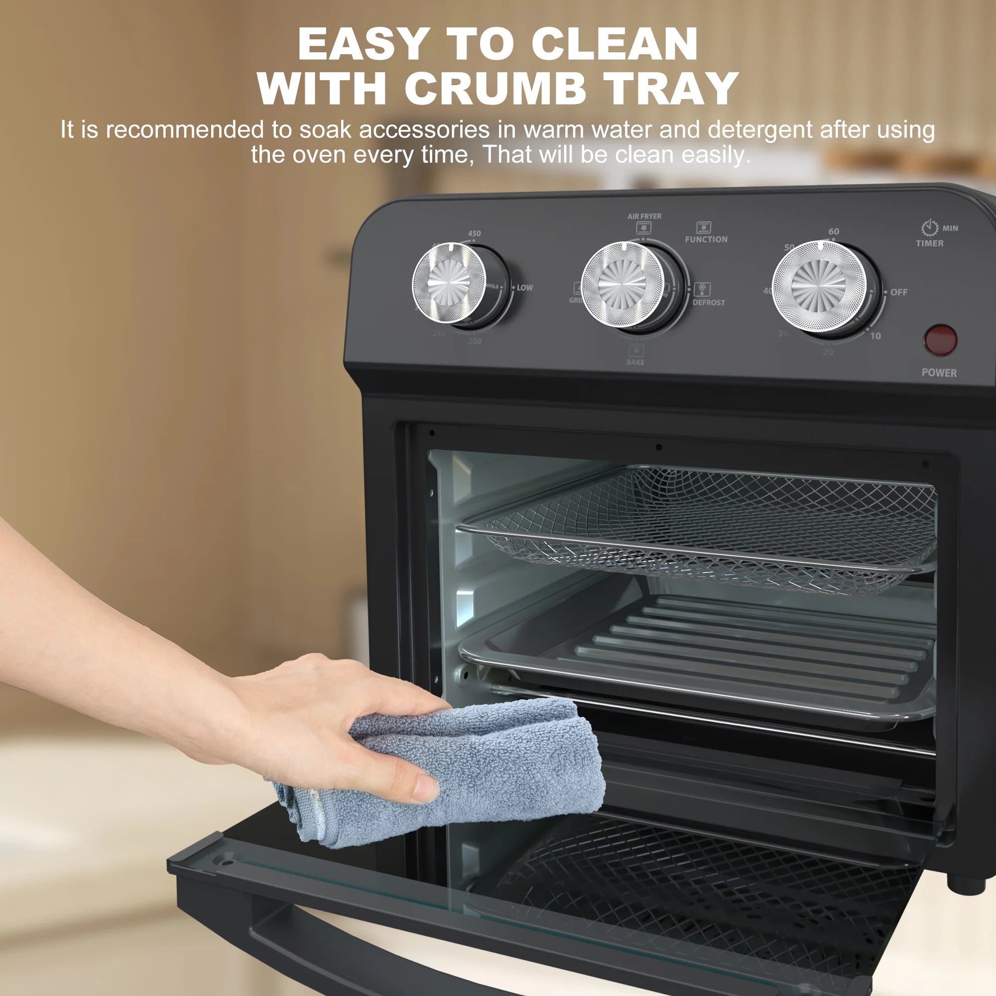 PlumChef 13 Quart 4 Slices Air Fryer Convection Toaster Oven, 1500W, 7 in 1 Multifunction with Roast, Bake, Grill, Broil, Toast, Dehydrate, Defrost, Stainless Steel
