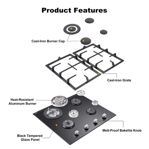 Amzgachfktch 4 Burners 24 inch Gas Cooktop Stainless Tempered Glass Natural Gas/LPG Convertible