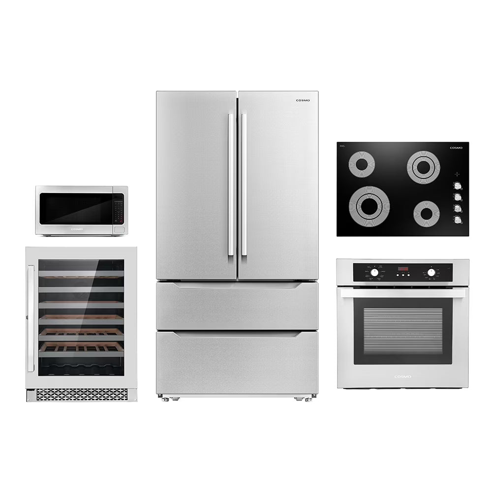 Cosmo 5 Piece Kitchen Appliance Package With 30" Electric Cooktop 24" Single Electric Wall Oven 30" Over-the-range Microwave French Door Refrigerator & 24" Built-in Fully Integrated Dishwasher