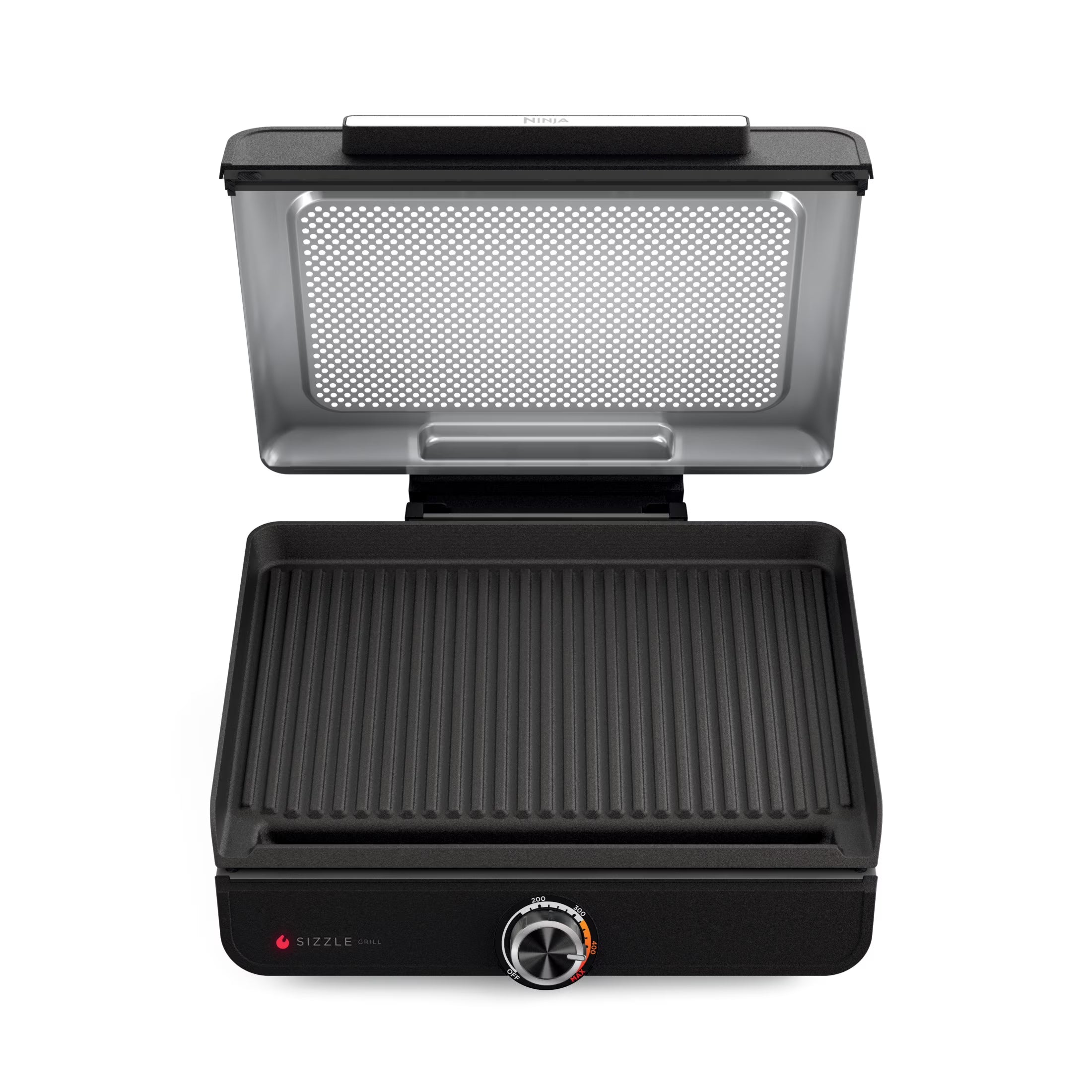 Ninja Sizzle Indoor Grill, 14'' Nonstick Grill Plate, Dishwasher-Safe Removable Mesh Lid, Even Edge-to-Edge Cooking, Black/Silver, GR100