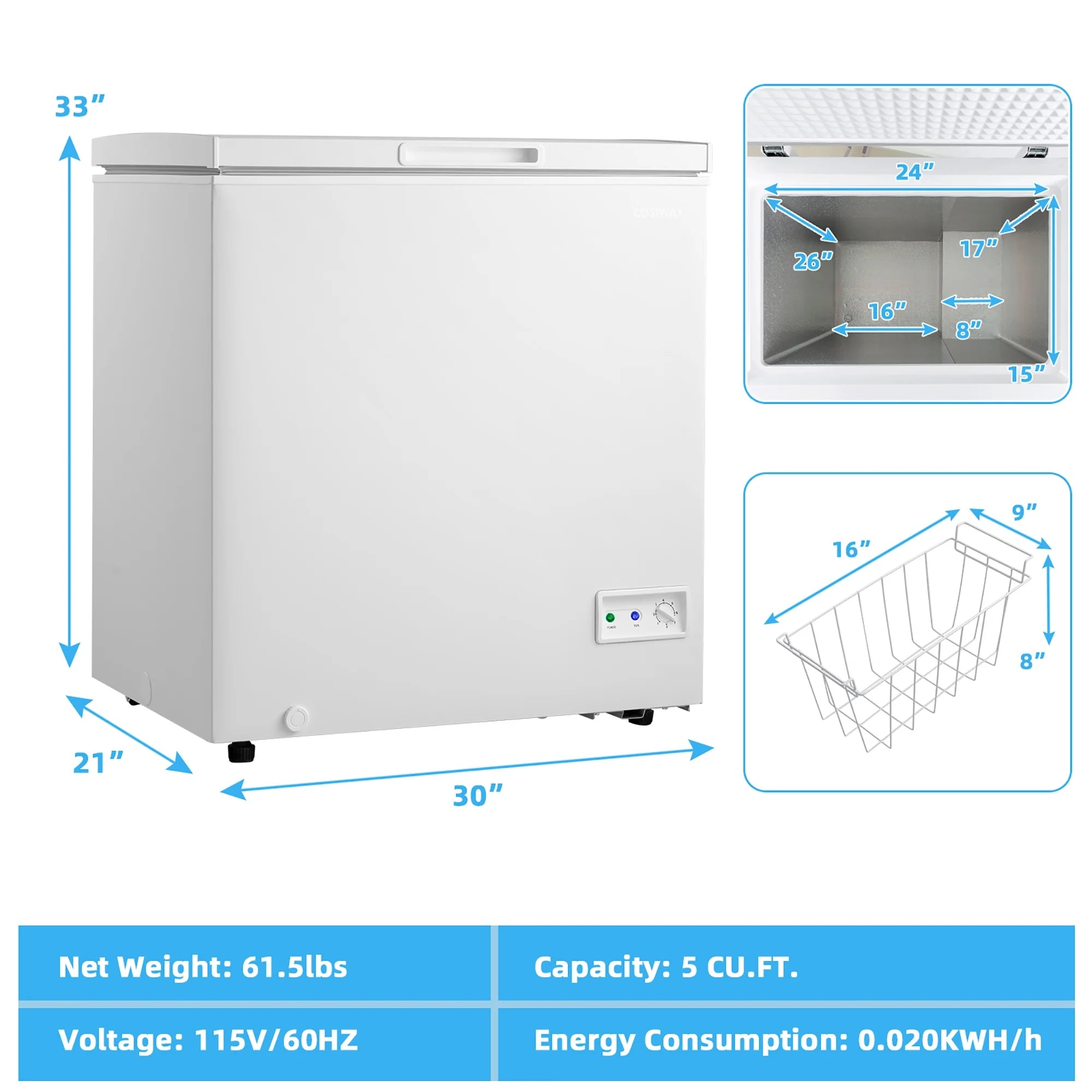Costway 5 Cubic Feet Chest Freezer w/Removable Storage Basket Deep Freezer