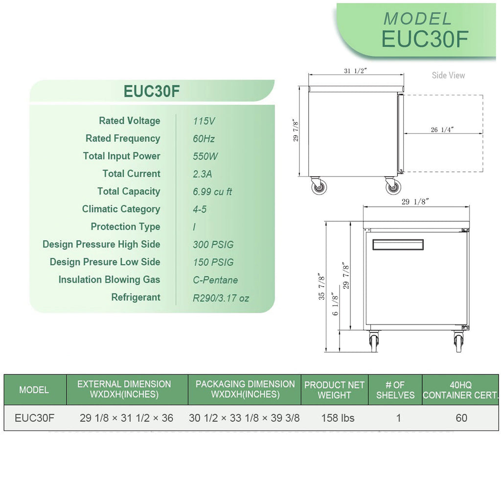 NSF 29 in. Undercounter Freezer 7 Cu.Ft.  Worktop Single Door Stainless Steel Commercial Freezer