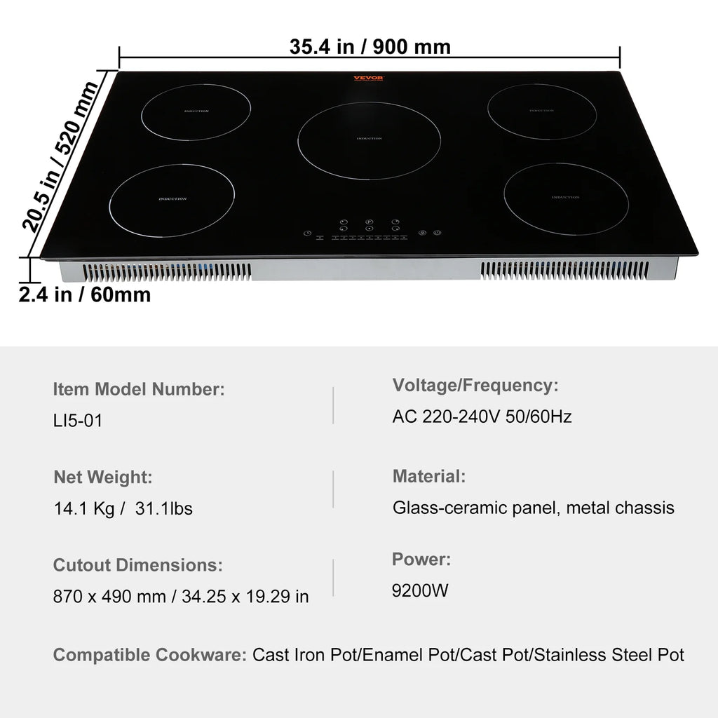 BENTISM 36 inch Electric Cooktop 5 Burners Ceramic Glass Stove Top Touch Control 9200W 9 Heat Levels Built-in Electric Stove