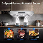 "Joeaonz 30"" Convertible Under Cabinet Range Hood, Stainless Steel, 600CFM, 3-Speed Fan, Dishwasher-Safe Filter"