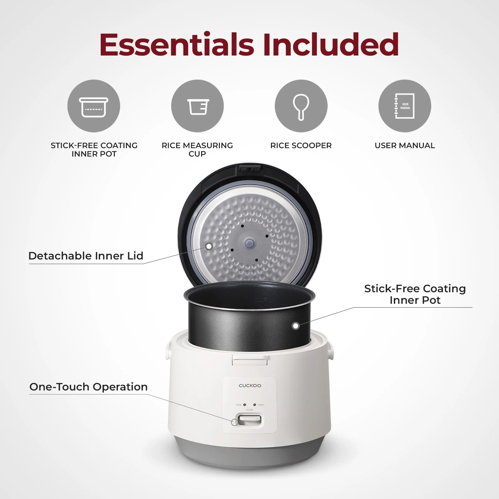 Cuckoo Rice Cooker 20 Cups Cooked Warmer with Nonstick Pot Easy Switch Start White (CR-1095)