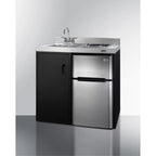 36" wide all-in-one kitchenette with 2-burner 115V smooth-top cooktop, refrigerator-freezer, sink, and storage cabinet