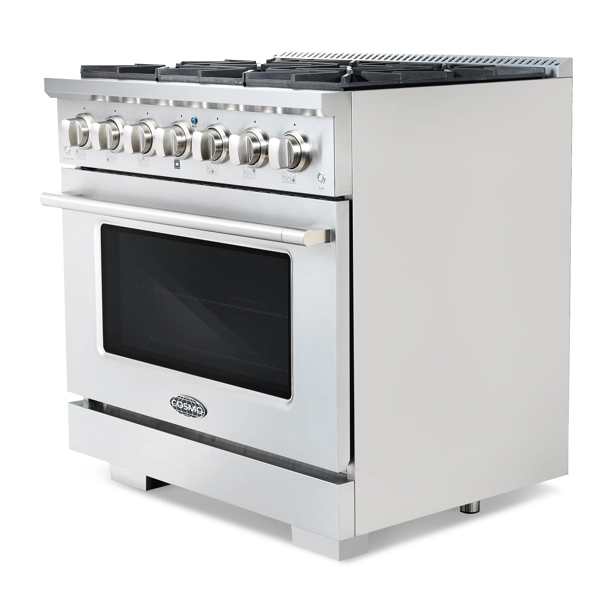 Cosmo 4 Piece Kitchen Appliance Package with 36" Freestanding Dual Fuel Range 36" Island Range Hood 24" Built-in Integrated Dishwasher & French Door Refrigerator Kitchen Appliance Bundles