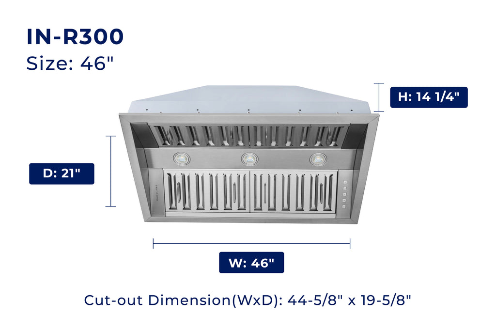 Hauslane | Pro-Style 46a?? IN-R300 Built-In Range Hood, 21a?? Deep | Low Noise Performance | Contemporary Design, Full-Size Handles, Professional-Grade Baffle Filters & Grease Tray, LED Lamps