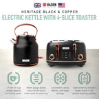 Haden Heritage 1500 1.7 Electric Kettle, Matte Black Finish with Copper Accents
