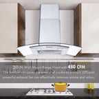30 inch Kitchen Stainless Wall Mount Range Hood 450CFM Stainless 3-Speed with Led Bulb Dishwasher Filter For Burner 120V