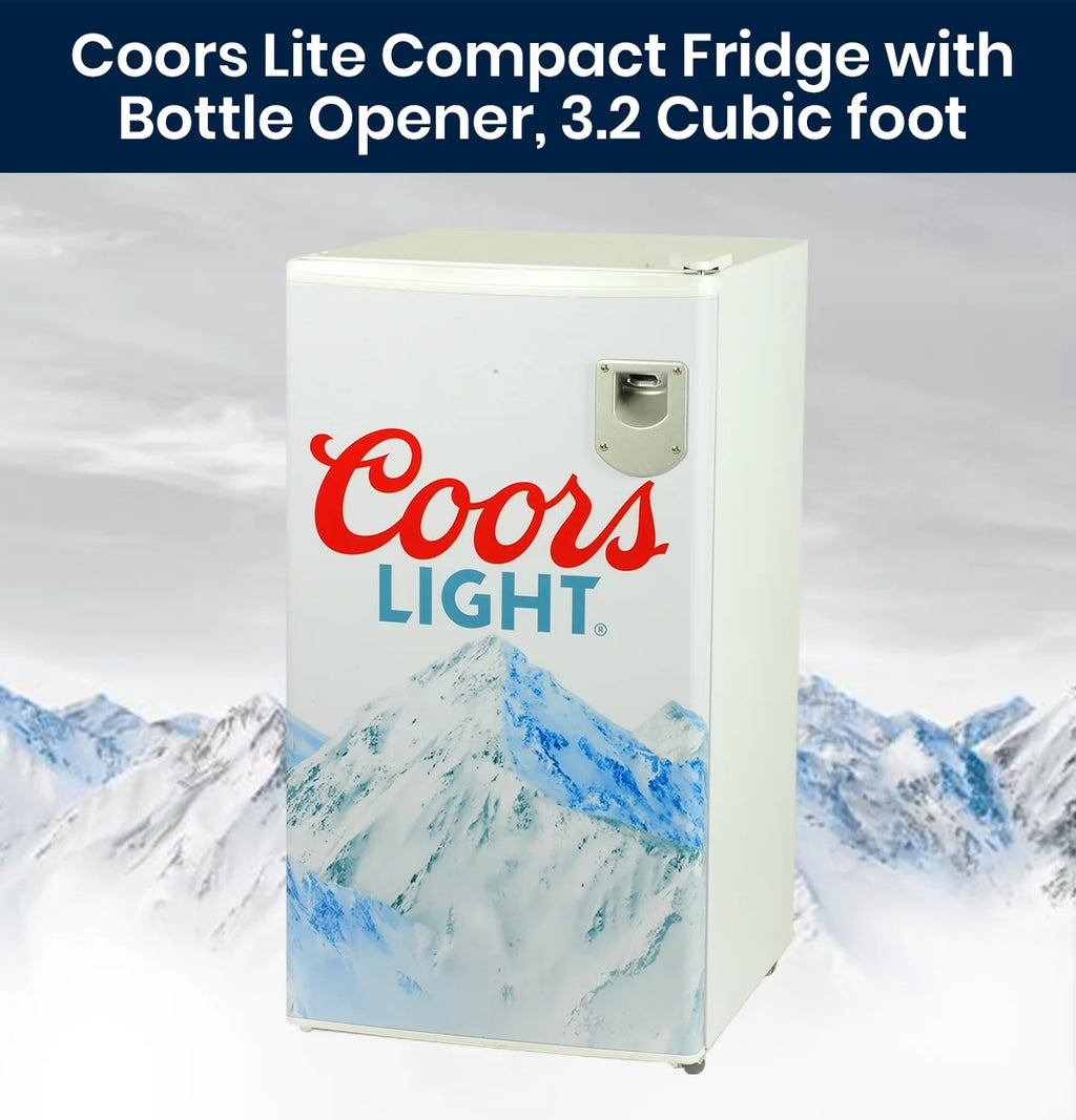 Coors Light 3.2 cu ft (90L) Compact Fridge with Bottle Opener, 95 Quart Capacity, Portable for Snacks, Beverages, Beer, Dorm, Office, or RV