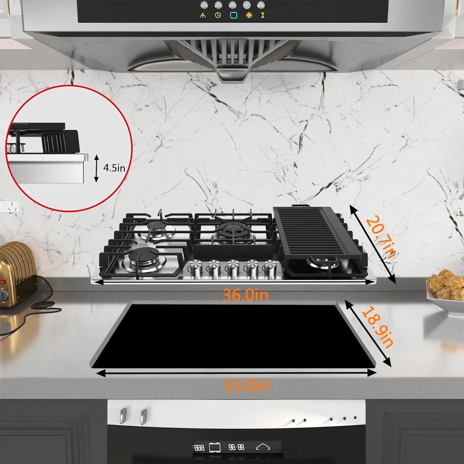 36 Inch Gas Cooktop with Griddle, Gas Stove Top with 5 Burners, Reversible Cast Iron Grill/Griddle, NG/LPG Convertible, with Thermocouple Protection, Stainless Steel