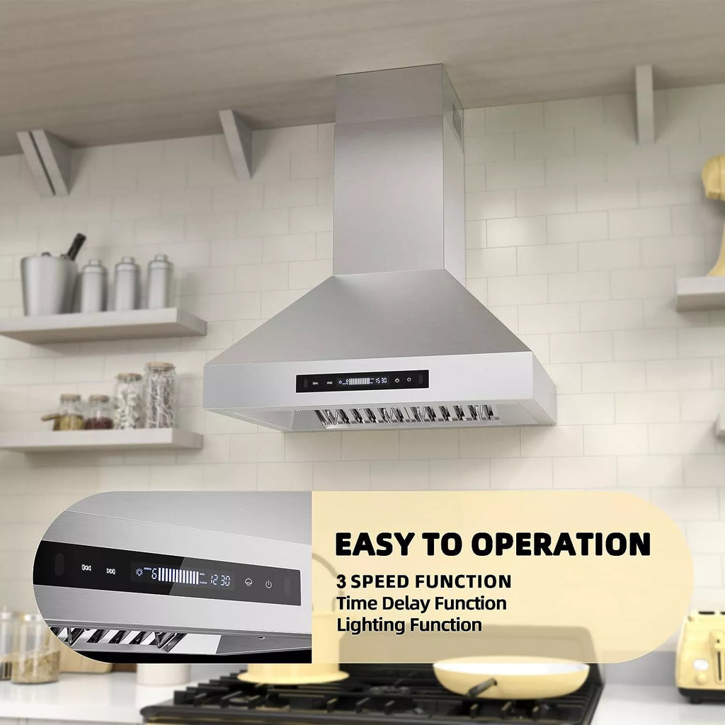 JOEAONZ Wall Mounted Range Hood 30" Kitchen Vent 900 CFM Duct Convertible Touch Control 9 Speed 120V
