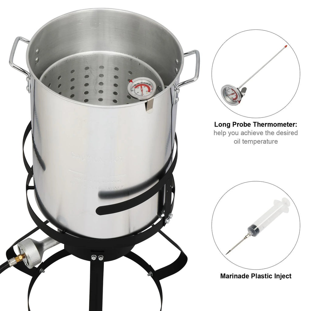 30QT Turkey Deep Fryer Baskets & Stand, Aluminum Fryer Pot w/ 54000BTU Propane Burner, Thermometer, Marinade Injector, Turkey Rack & Rack Lifter, for Outdoor Cooking