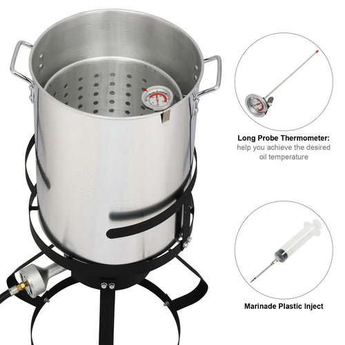 30QT Turkey Deep Fryer Baskets & Stand, Aluminum Fryer Pot w/ 54000BTU Propane Burner, Thermometer, Marinade Injector, Turkey Rack & Rack Lifter, for Outdoor Cooking