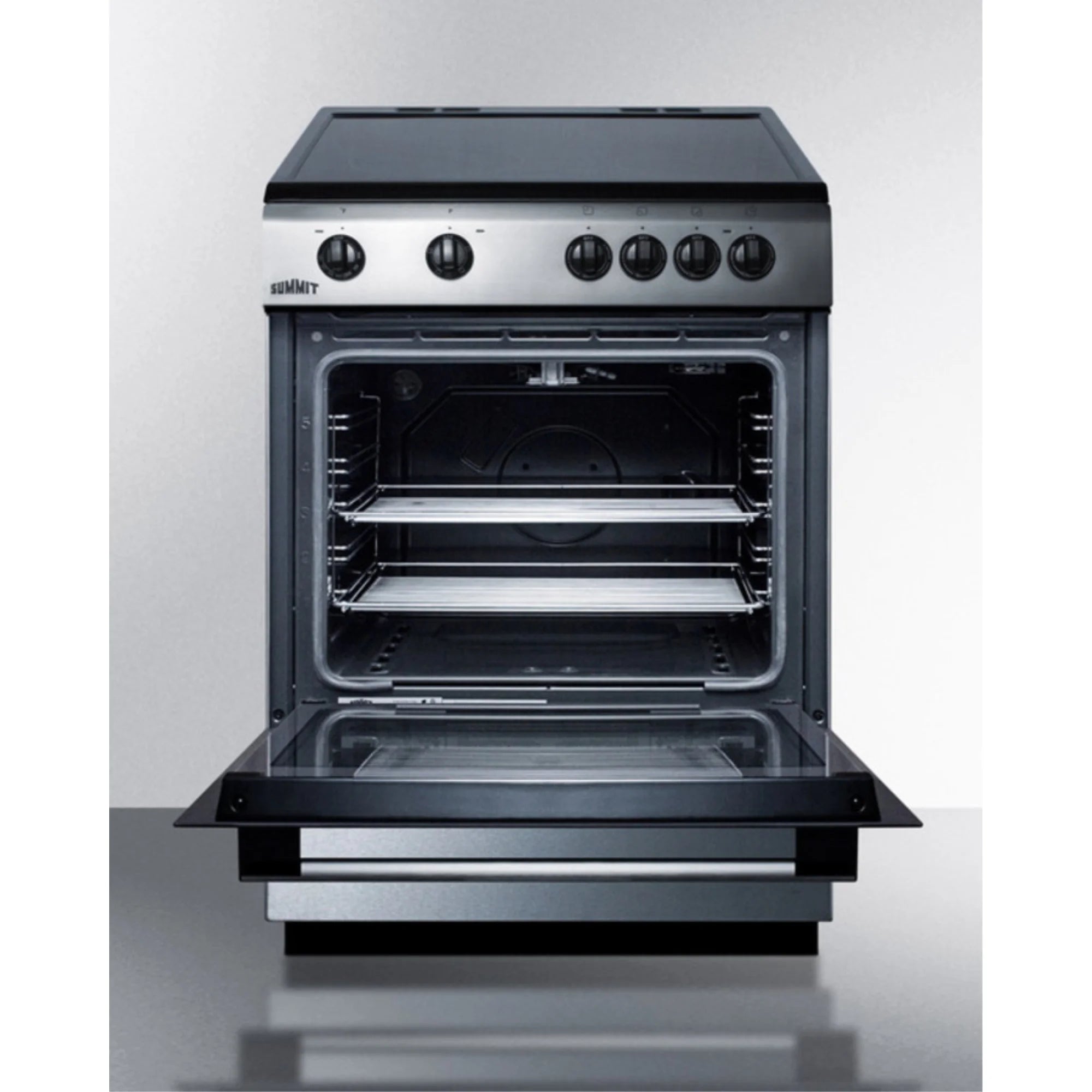24" wide smooth top electric range in slide-in style and white finish, with storage drawer and large oven window in black glass
