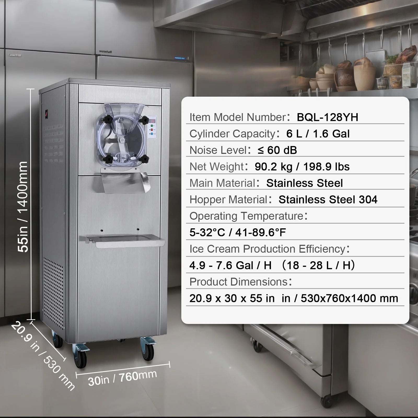 KFFKFF Commercial Ice Cream Machine, 18L/Hour Output, 1780W, Single Flavor, Mobile with Wheels, 6L Stainless Steel Cylinder, LED Screen, Auto Clean & Pre-cool