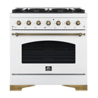 Forno Antico 36-inch Dual Fuel Range White and Antique Brass Design with 6 Sealed Gas Burners and Electric Convection Oven