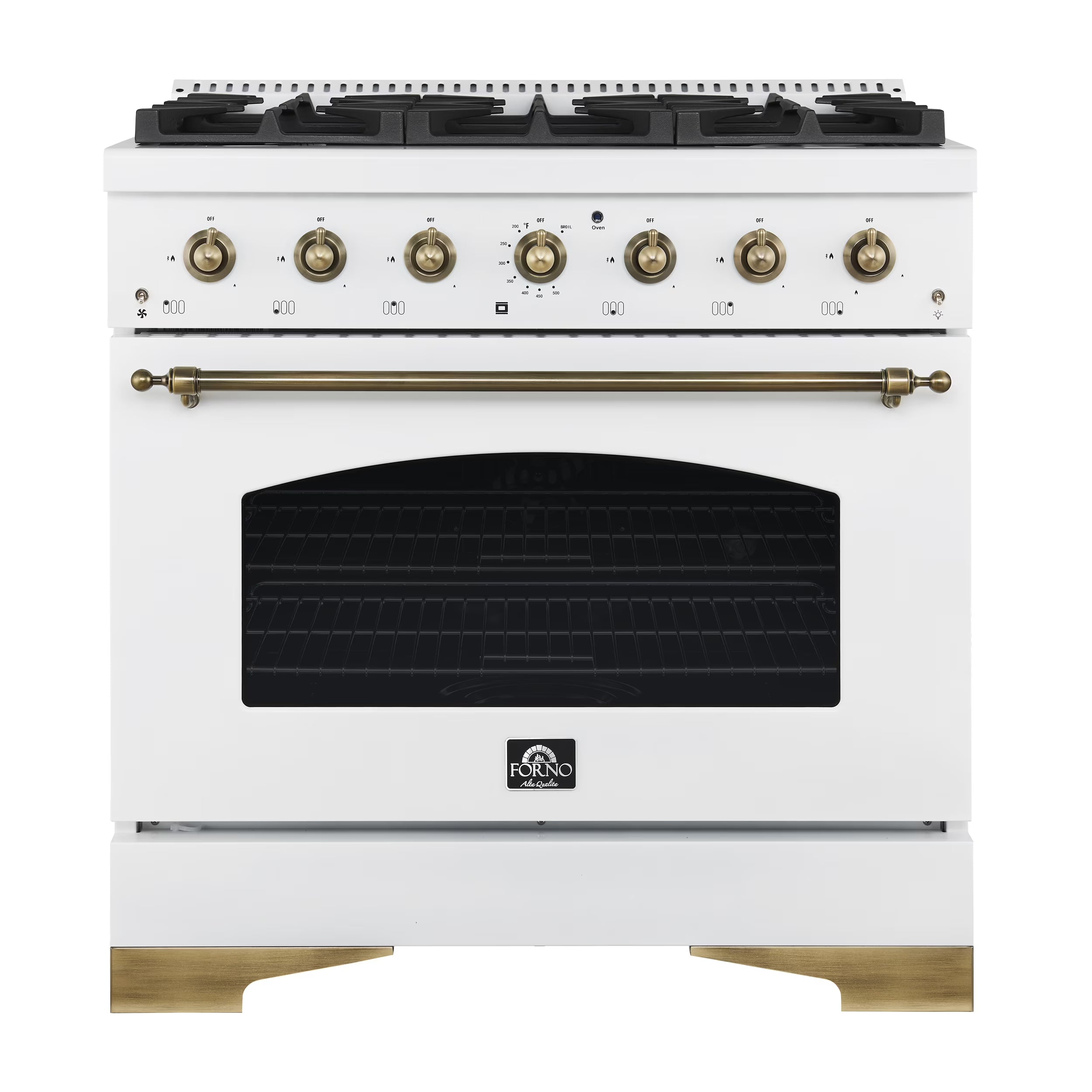 Forno Antico 36-inch Dual Fuel Range White and Antique Brass Design with 6 Sealed Gas Burners and Electric Convection Oven
