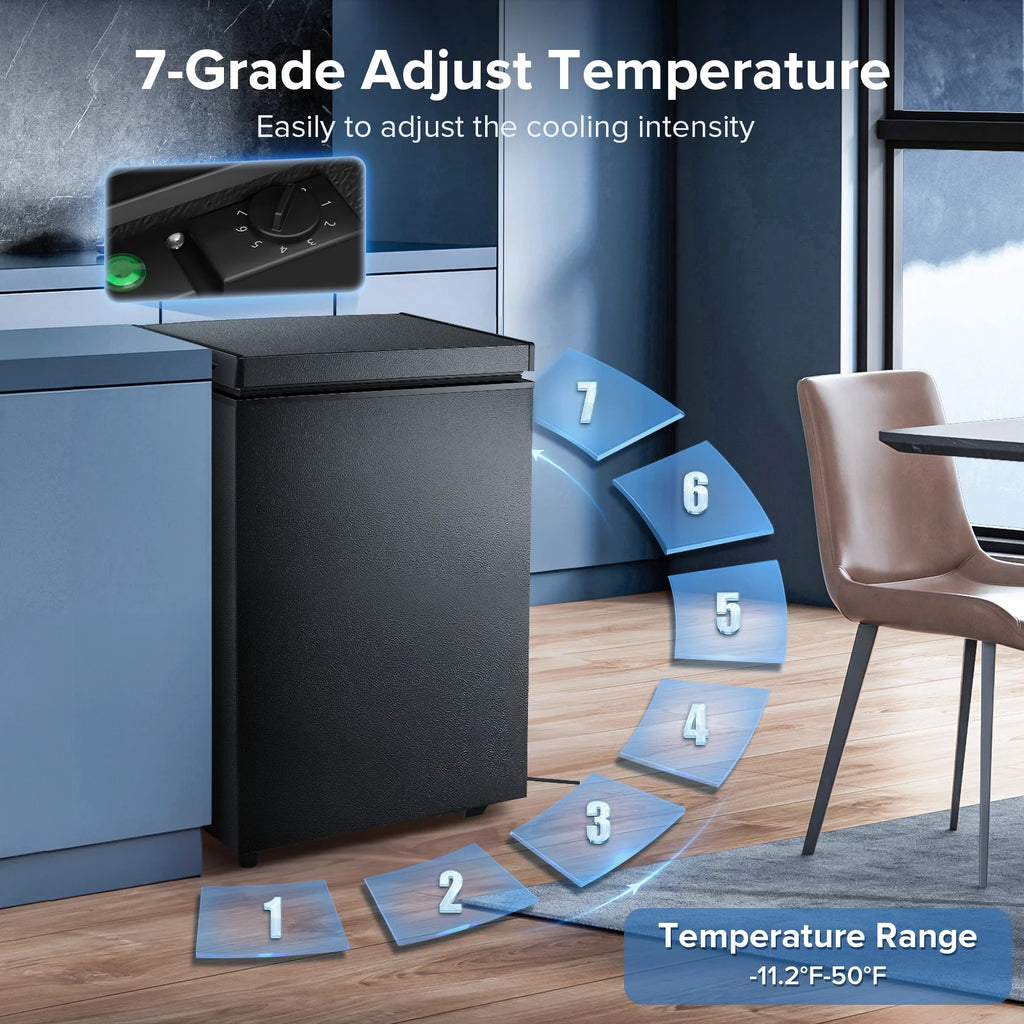 LHRIVER Mini Freezer Chest 3.5 cu ft, Deep Freezer & Side Handle, Compact Freezer with 7 Gear Adjustable Temperature, Removable Storage Basket, Black