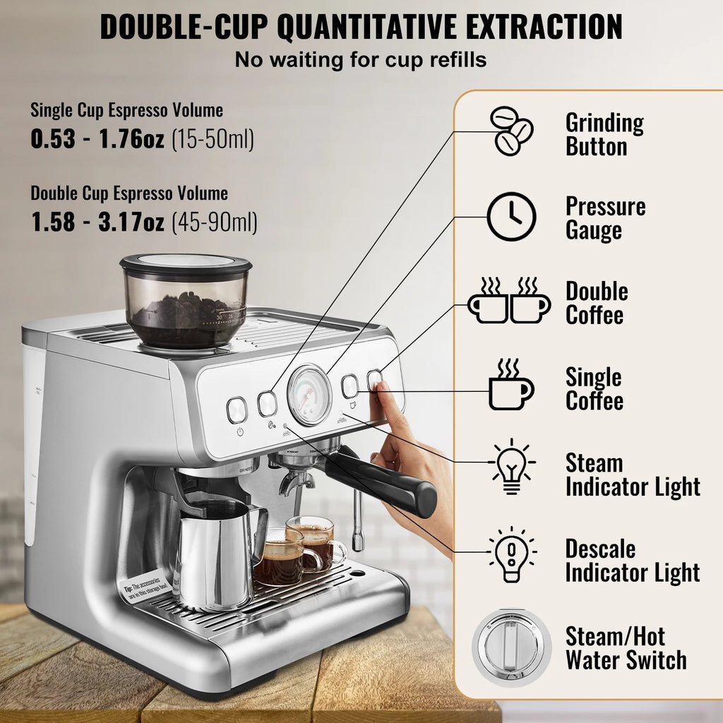 KFFKFF Coffee Machine with Grinding Feature, 15 Bar Semi-Auto Coffee Brewer with Milk Frothing Wand, Detachable Water Reservoir & Pressure Indicator for Cappuccino, Latte, Machiato, PID Regulation