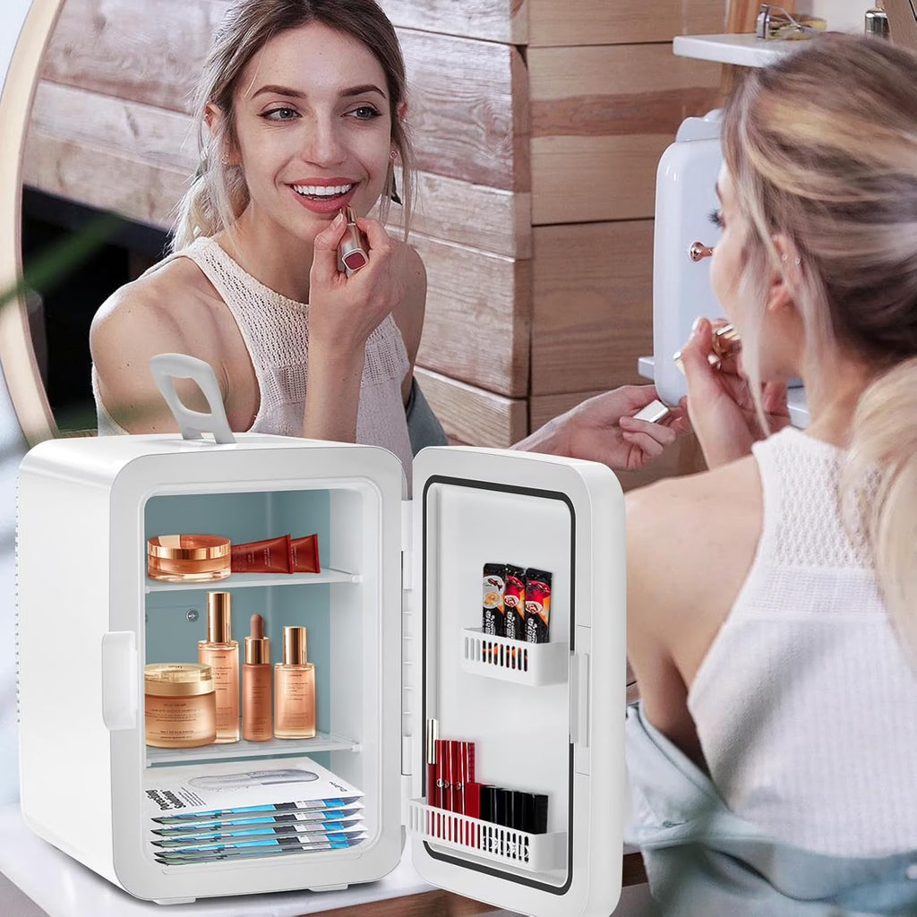 Compact  Fridge, 15 Can Portable Small Refrigerator with  Adapters, 10 Liter White Cosmetics Cooler for Beverage, Food, Skincare