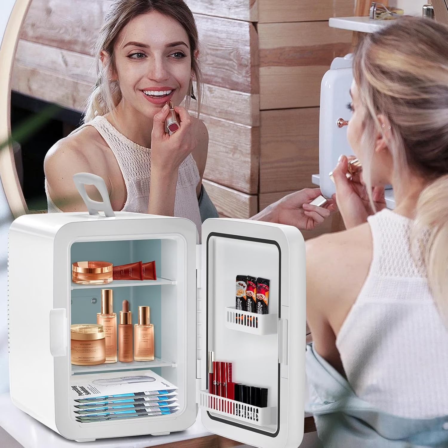 Compact  Fridge, 15 Can Portable Small Refrigerator with  Adapters, 10 Liter White Cosmetics Cooler for Beverage, Food, Skincare