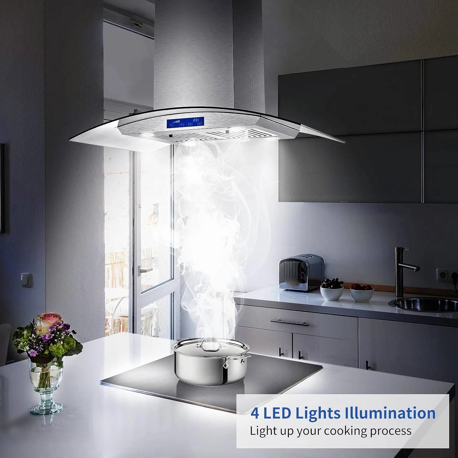 Island Range Hood 30 Inch 700 CFM Ceiling Mount Stainless Steel Kitchen Vent Hood Touch Screen Control Kitchen Exhaust Hood Ducted Ductless Convertible 3-speed Ventilation Fan