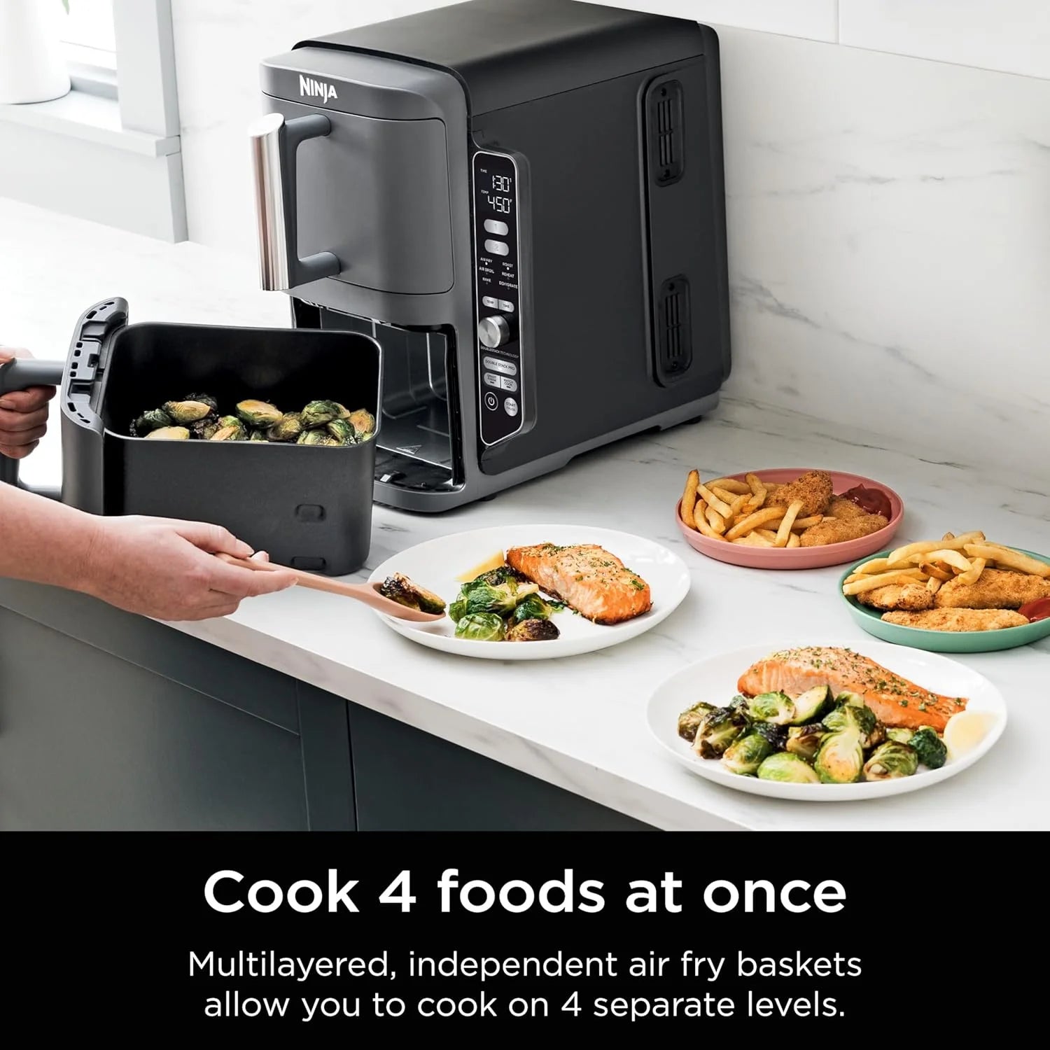 Restored Ninja Air Fryer, 10QT DoubleStack XL 2-Basket, Compact Design, Cooks 5lb Whole Chicken, Roast, Bake & More, Dishwasher Safe Parts, Grey, SL401 (Ceritified)(Refurbished)