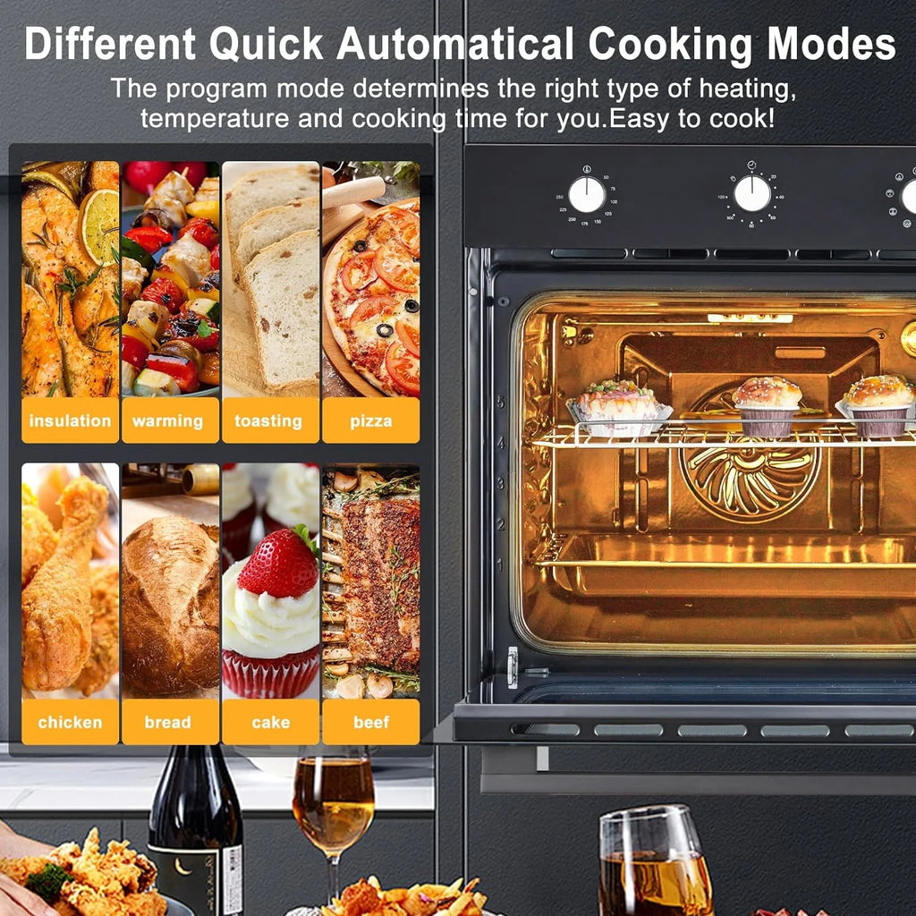 Single Wall Oven 24" Built-In Electric Ovens With Mechanical Knobs Control, 70L, 3000W, 8 Baking Modes, With Air Frying Function, 3D Surround Heating With Double-Layered Glass Door