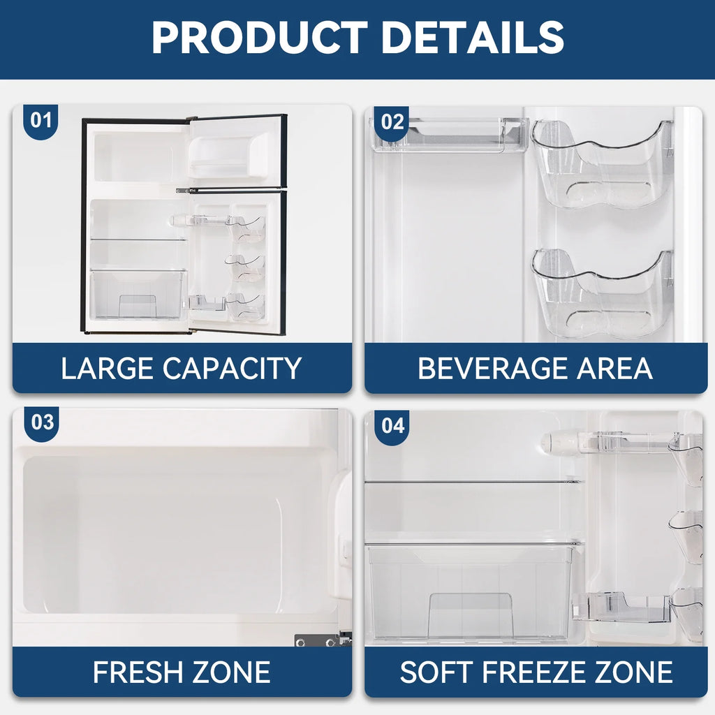Frestec 3.2 Cu.Ft Compact Refrigerator, 2 Door, Black, Energy-Saving, Quiet, Mini Fridge