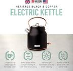 Heritage 1.7L Stainless Steel Electric Water Tea Kettle, Black & Copper