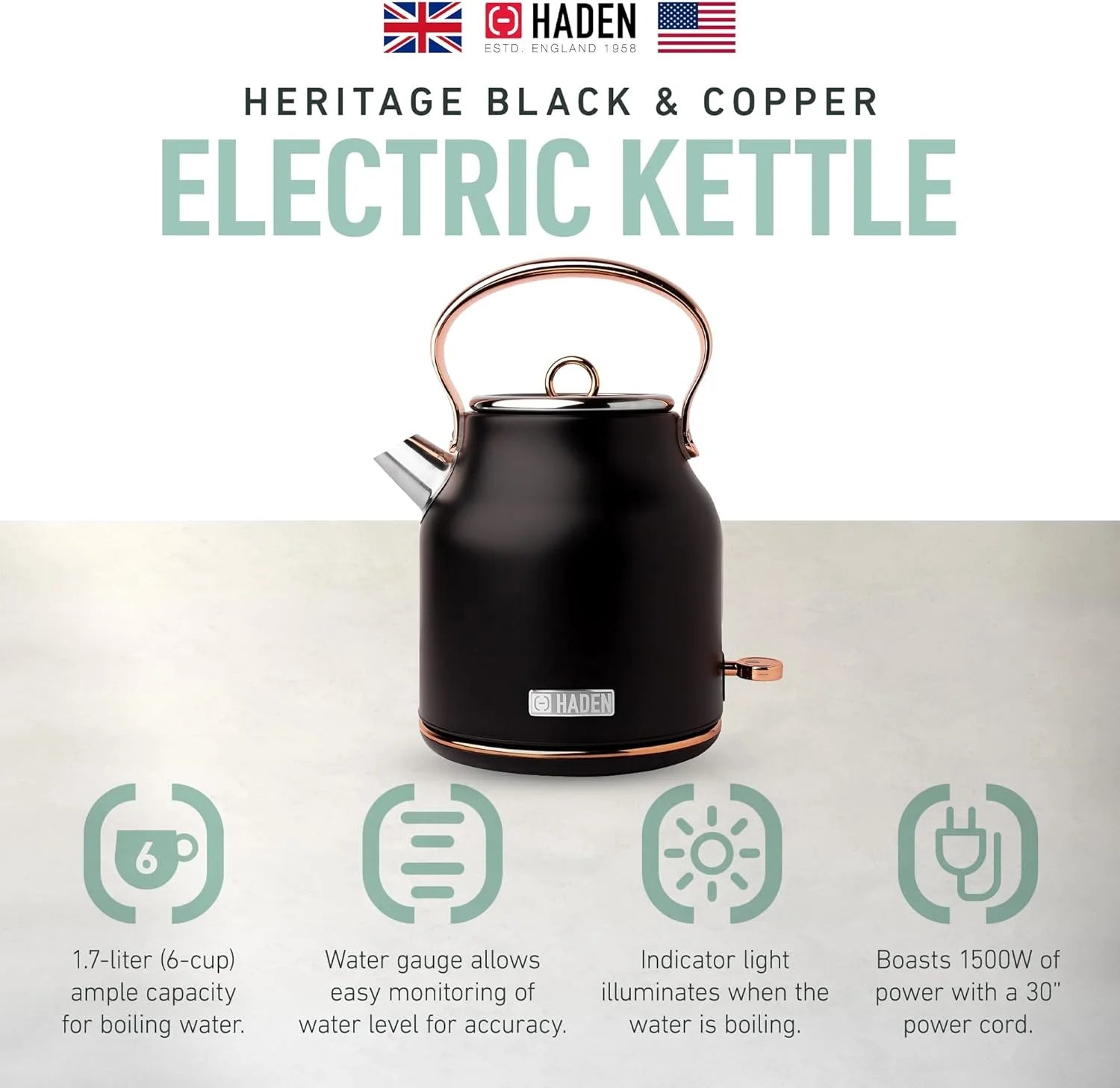 Heritage 1.7L Stainless Steel Electric Water Tea Kettle, Black & Copper