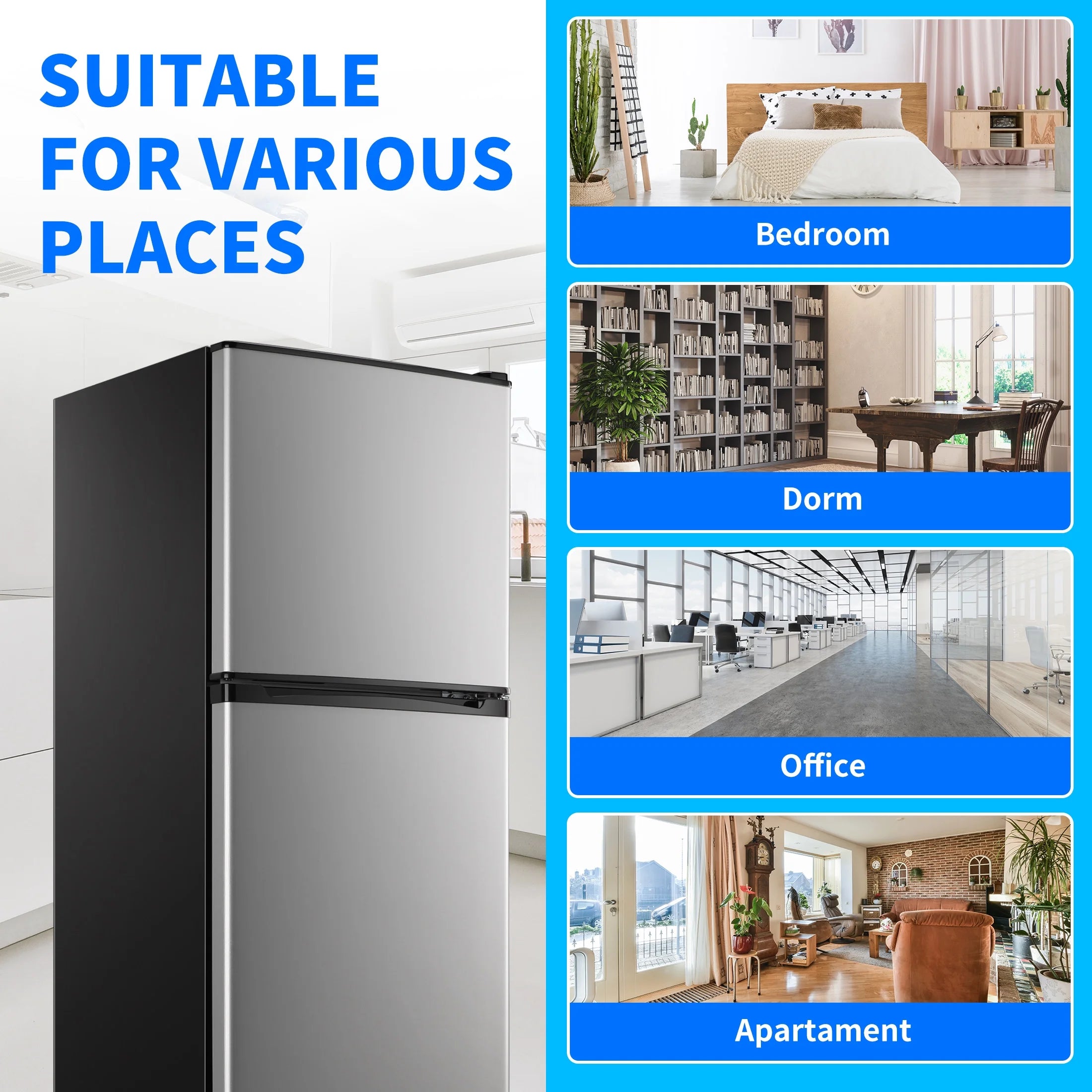2 Door Mini Fridge with Freezer,4.5 Cu.ft.,5 Adjustable Thermostat & 4 Removable Glass Shelves