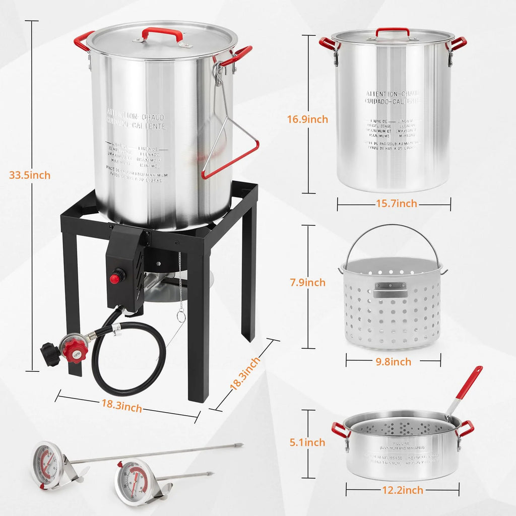 2024 New 30 Qt Turkey & 10 Qt Fish Fryer Boiler Steamer Set, Aluminum Turkey Deep Fryer Pot, 38, 000 BTU Outdoor Propane Stove Stand for 20 Lbs Turkey, Thermometer, Turkey Rack & Lifting Hook