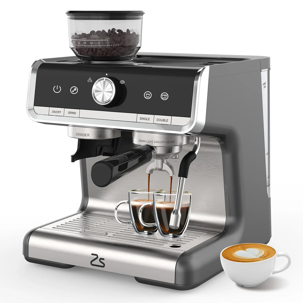Espresso Coffee Machine with Grinder, 20 Bar Semi-Automatic Espresso Maker with Milk Frother Steamer Wand for Cappuccino, Latte, Macchiato, 2.8 L Water Tank, PID Temperature Control