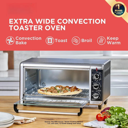 8-Slice Extra Wide Convection Toaster Oven, Fits 9"x13" Oven Pans and 12" Pizza, Bake, Toast, Broil, and Keep Warm Functions, Countertop Compact Design with Stainless Steel Finish
