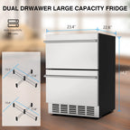 QAUSOU 24 Inch Under Counter Double Drawer Fridge, Weather Proof Stainless Steel Outdoor Beverage Refrigerator for Patio