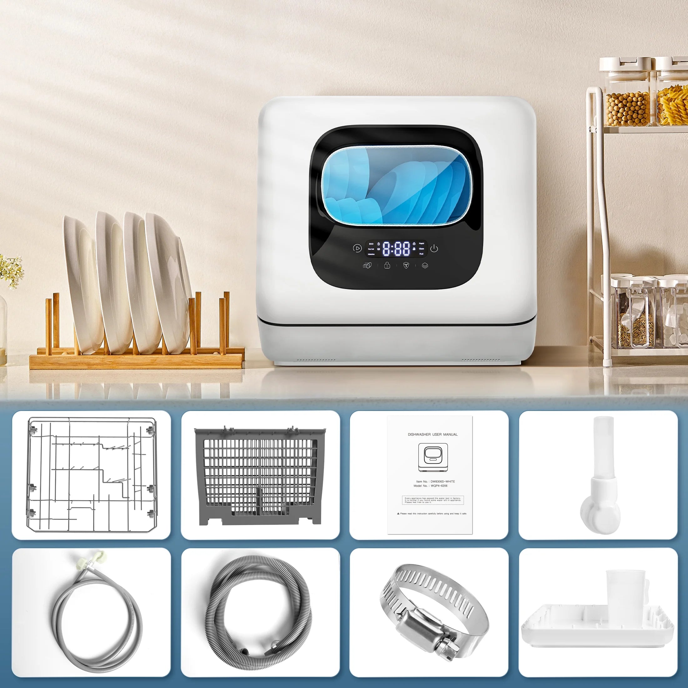 Auseo Portable Countertop Dishwasher, 6 Washing Programs with Child Lock and Air-Dry Function, Suitable for Home/Kitchen